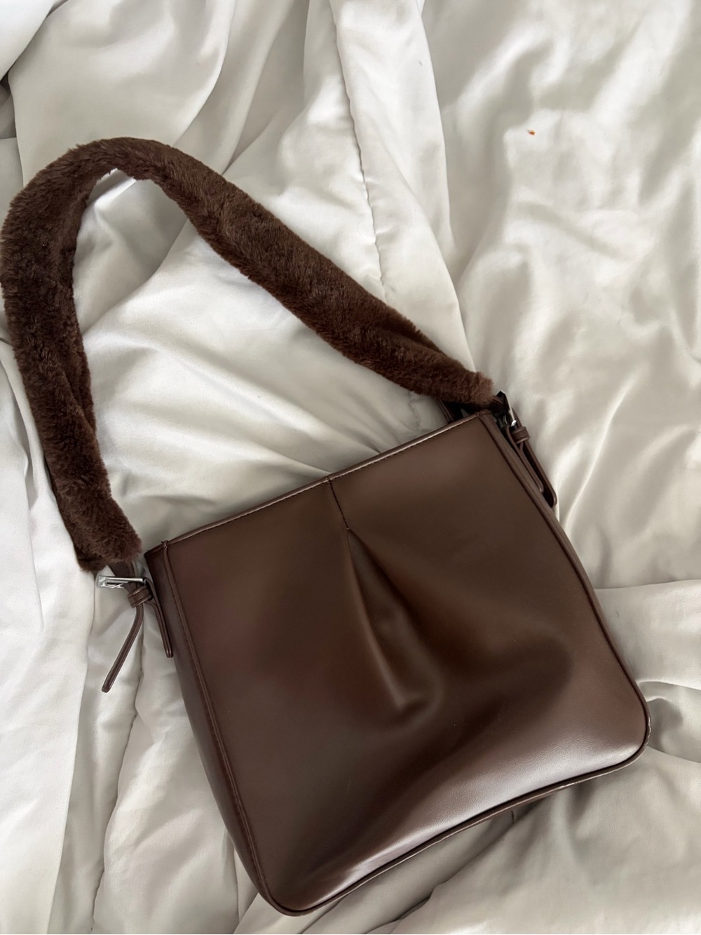 MMS Design Studio Brown Faux Leather Shoulder Bag with Plush Strap
